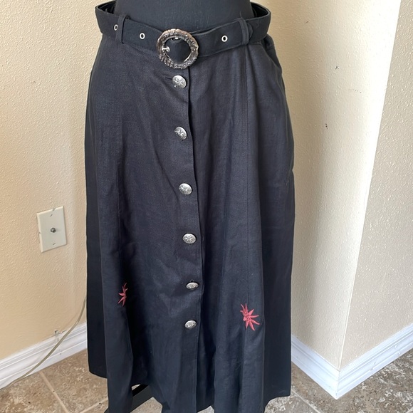 Switzerland Linen Black Edelweiss embroidered long skirt with slits at bottom. - Picture 1 of 7